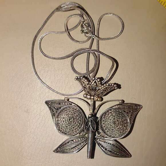 Filigree Butterfly Pendant Wheat Necklace Vintage Sterling Silver 925 From Turke - Picture 12 of 16